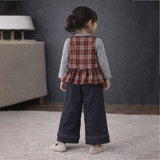 3 Pcs Set,Brown Checkered Peplum-Top,with T-shirt & Wide Leg Pants for Girls