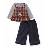 3 Pcs Set,Brown Checkered Peplum-Top,with T-shirt & Wide Leg Pants for Girls