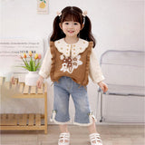 LSB 3 Pcs Set,Brown Peter Pan Collared Floral Knitted Cardigan,T-shirt,& Denims Partywear for Girls