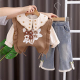 LSB 3 Pcs Set,Brown Peter Pan Collared Floral Knitted Cardigan,T-shirt,& Denims Partywear for Girls