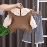 LSB 3 Pcs Set,Brown Peter Pan Collared Floral Knitted Cardigan,T-shirt,& Denims Partywear for Girls