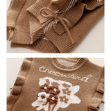 LSB 3 Pcs Set,Brown Peter Pan Collared Floral Knitted Cardigan,T-shirt,& Denims Partywear for Girls