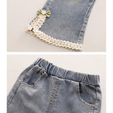 LSB 3 Pcs Set,Brown Peter Pan Collared Floral Knitted Cardigan,T-shirt,& Denims Partywear for Girls