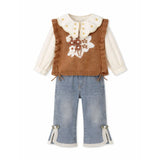 LSB 3 Pcs Set,Brown Peter Pan Collared Floral Knitted Cardigan,T-shirt,& Denims Partywear for Girls