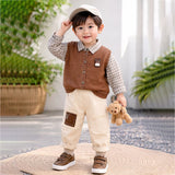 3 Pcs Set,Brown Teddy Vest,Checkered Shirt & Beige Pants for Kids