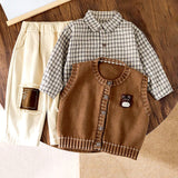 3 Pcs Set,Brown Teddy Vest,Checkered Shirt & Beige Pants for Kids