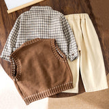 3 Pcs Set,Brown Teddy Vest,Checkered Shirt & Beige Pants for Kids