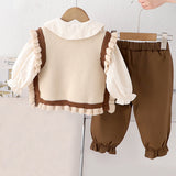 3pcs set,Cream Brown Knitted Vest,Shirt,& Pants partywear for Kids