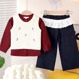 3 Pcs Set,Crochet Cardigan Vest,Maroon Shirt & Navy Frill Pants partywear for Girls