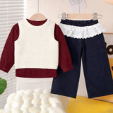 3 Pcs Set,Crochet Cardigan Vest,Maroon Shirt & Navy Frill Pants partywear for Girls