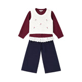 3 Pcs Set,Crochet Cardigan Vest,Maroon Shirt & Navy Frill Pants partywear for Girls