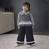 3 Pcs Set,Grey Checkered Frill vest with Grey Ruffled Top & Pants for Girls