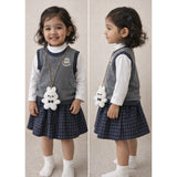 3 Pcs Set,Grey Labu Vest,Frill Inner T-shirt & Skirt partywear for Girls