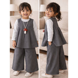 3 Pcs Set,Grey Polka Flared Top,Grey T-shirt & Wide Leg Pants partwear for Girls