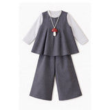 3 Pcs Set,Grey Polka Flared Top,Grey T-shirt & Wide Leg Pants partwear for Girls