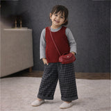 3 Pcs Set,Maroon Knit Sleevless Cardigan,T-shirt & Checkered Pants with Sling purse for Kids