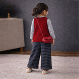 3 Pcs Set,Maroon Knit Sleevless Cardigan,T-shirt & Checkered Pants with Sling purse for Kids