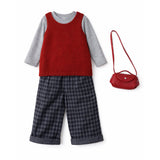3 Pcs Set,Maroon Knit Sleevless Cardigan,T-shirt & Checkered Pants with Sling purse for Kids