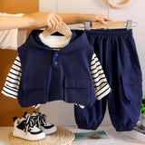 3 Pcs Set, Navy Blue Sleeveless Hoodie, Stripes T-shirt, & Pants for Kids
