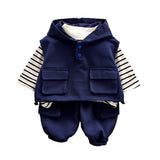 3 Pcs Set, Navy Blue Sleeveless Hoodie, Stripes T-shirt, & Pants for Kids