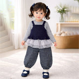 3 Pcs Set,Navy Blue Peplum-Style Top,T-shirt with Frill Checkered Pants for Kids