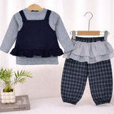 3 Pcs Set,Navy Blue Peplum-Style Top,T-shirt with Frill Checkered Pants for Kids
