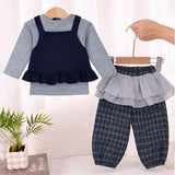 3 Pcs Set,Navy Blue Peplum-Style Top,T-shirt with Frill Checkered Pants for Kids