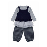 3 Pcs Set,Navy Blue Peplum-Style Top,T-shirt with Frill Checkered Pants for Kids
