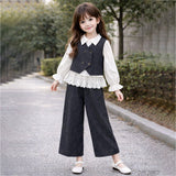 3 Pcs Set,Navy Waistcoat,White Peplum-style Top & Wide Leg Pants partwear set for Girls