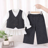 3 Pcs Set,Navy Waistcoat,White Peplum-style Top & Wide Leg Pants partwear set for Girls