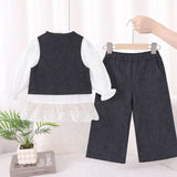 3 Pcs Set,Navy Waistcoat,White Peplum-style Top & Wide Leg Pants partwear set for Girls