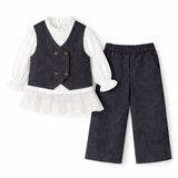3 Pcs Set,Navy Waistcoat,White Peplum-style Top & Wide Leg Pants partwear set for Girls
