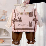 3pcs set,Pink Brown Knitted Vest,Cream Shirt,& Pants partywear for Kids