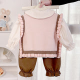 3pcs set,Pink Brown Knitted Vest,Cream Shirt,& Pants partywear for Kids