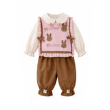 3pcs set,Pink Brown Knitted Vest,Cream Shirt,& Pants partywear for Kids