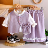 3 Pcs Set Purple Bow Jacket, Shirt & Matching Pants Partywear set for Girls