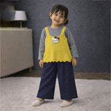 3 Pcs Set,Yellow Cat Top,Grey T-shirt with Dotted Pants for Girls