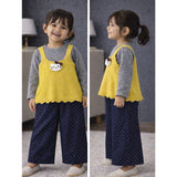 3 Pcs Set,Yellow Cat Top,Grey T-shirt with Dotted Pants for Girls