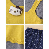 3 Pcs Set,Yellow Cat Top,Grey T-shirt with Dotted Pants for Girls