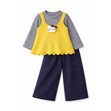 3 Pcs Set,Yellow Cat Top,Grey T-shirt with Dotted Pants for Girls