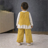 3 Pcs Set,Yellow Layered Top,White T-shirt with Frill Pants Partywear set for Girls