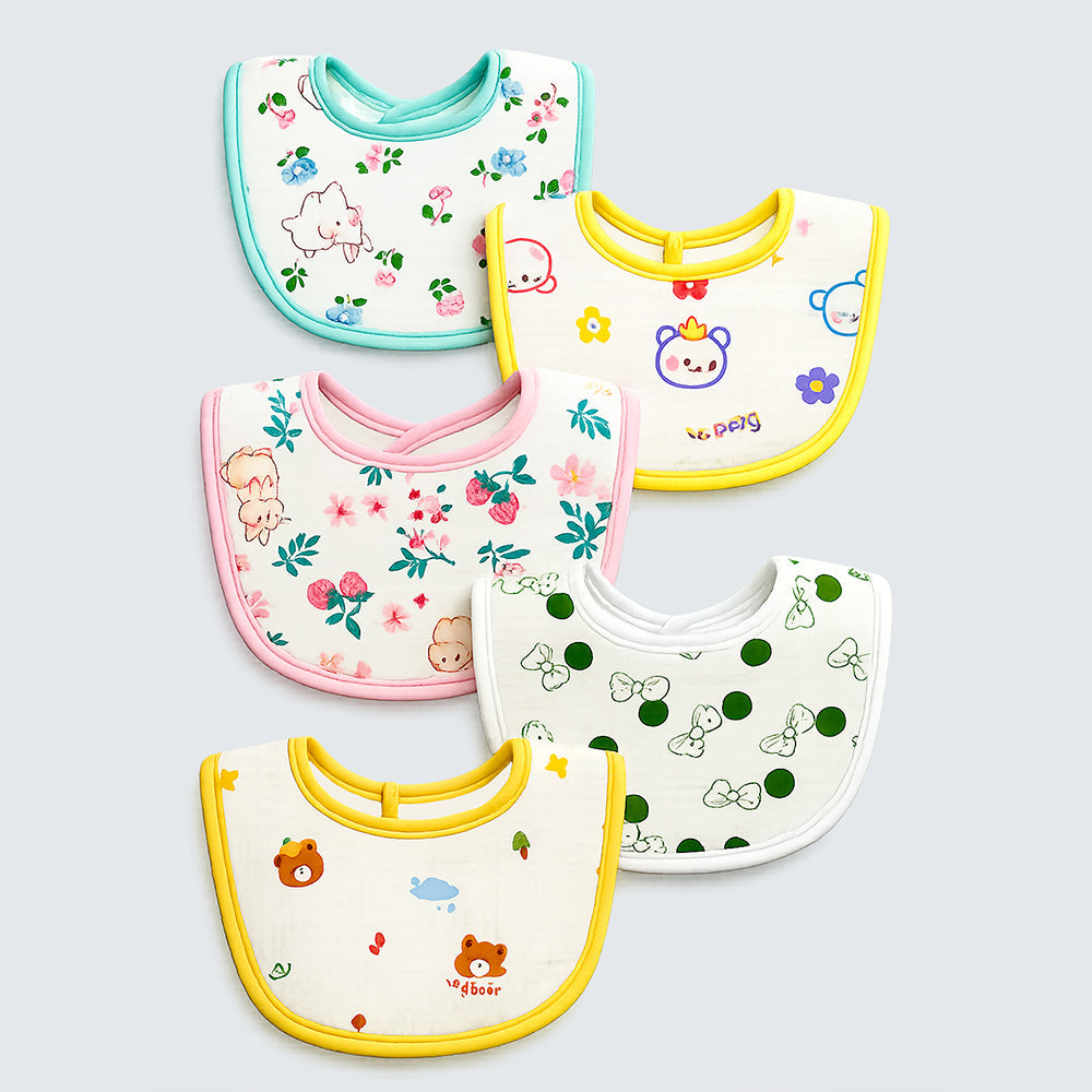 LSB 5PCS Set Woodland assorted Print Soft Muslin Adjustable Button Closure set