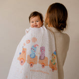 LSB Bear Toy Train Super Soft Muslin Cotton Blanket for Newborns & Infants with Free Storage Pouch