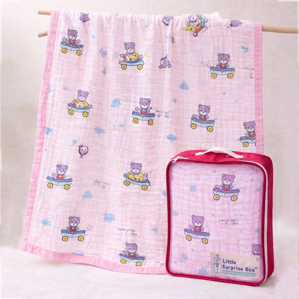 LSB Pink Cart Teddy, Super Soft Breathable Pure Muslin Cotton Blanket for Newborns & Infants with free storage pouch