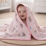 LSB Pink Cart Teddy, Super Soft Breathable Pure Muslin Cotton Blanket for Newborns & Infants with free storage pouch