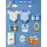 LSB 15 pcs Blue Blessed Home cane basket Newborn Hamper/Gift Box for Baby Boy, 0-6 months