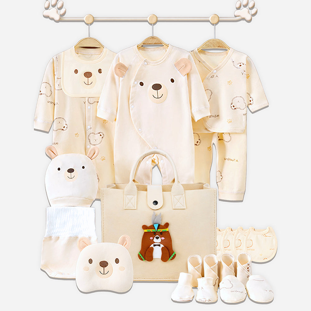 LSB 21pcs Woodland Bear Totebag Hamper for Newborn Baby Boy / Baby Girl, Giftset for Baby , All Season wear, 0-12 months