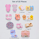 LSB 22 pcs, Pink Animals Newborn Baby Girl All Season wear,Gift Hamper set, 0-6 months