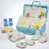 LSB 25 pcs Beige Bear Hamper for Newborn Boy/Girl, All Season wear hamper with luxury designed blue storage cane basket 0-12 months