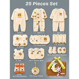 LSB 25 pcs Brown Cute Bear Hamper for Newborn Boy/Girl, All Season wear hamper with luxury designed brown storage cane basket 0-12 months